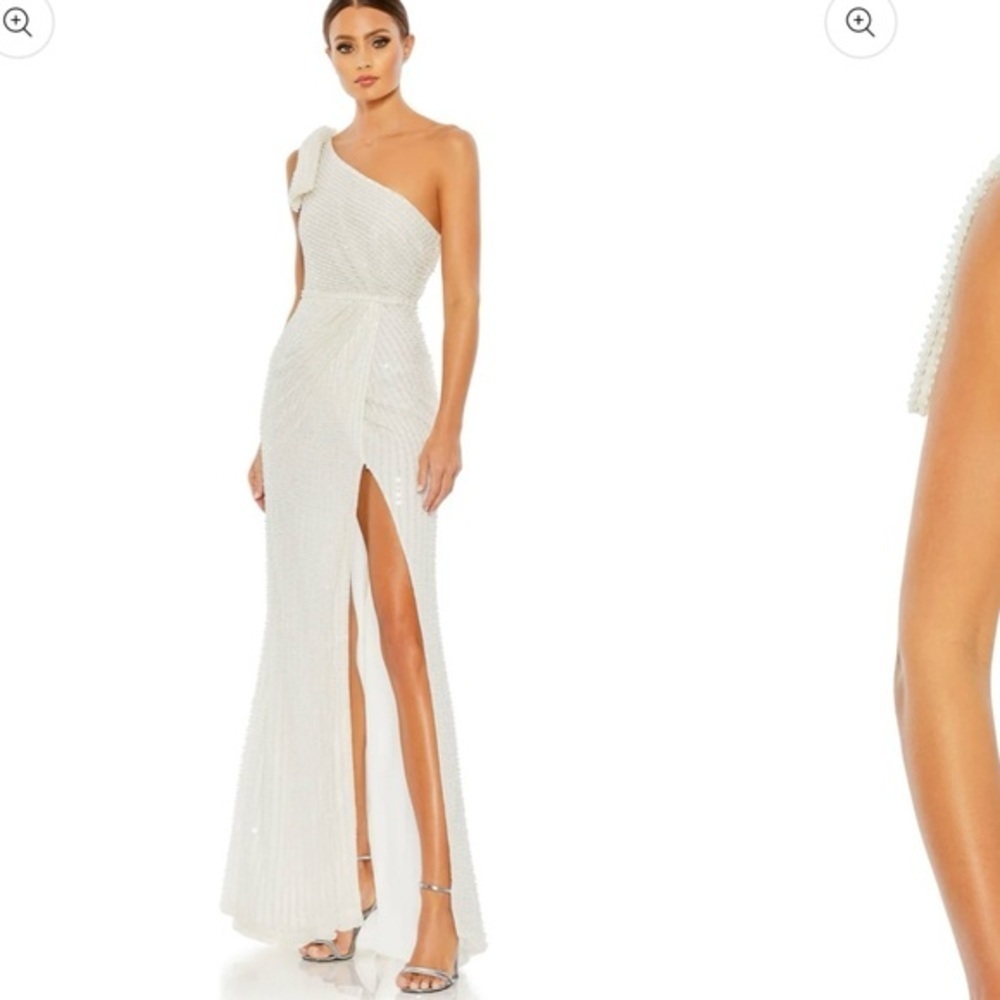 NWT | Mac Duggal 93735 White Pearl Soft Tie One Shoulder Gown Size 10